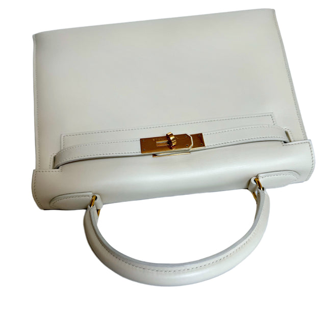 Hermes Kelly 28 Sellier Vintage White Box Leather Gold Hardware 1996