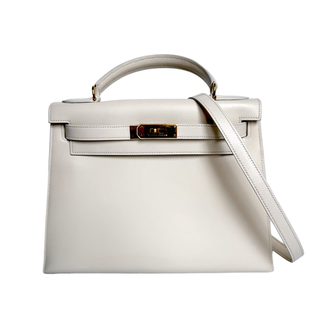 Hermes Kelly 28 Sellier Vintage White Box Leather Gold Hardware 1996-Luxbags