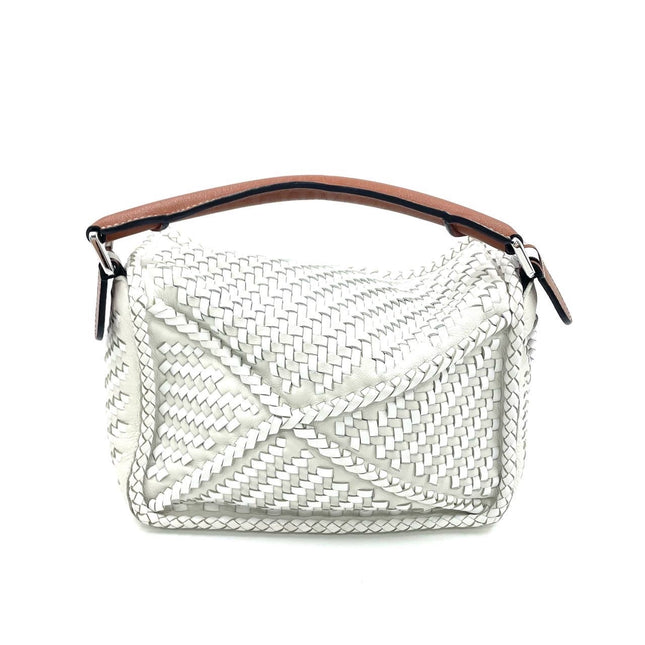 Loewe Puzzle Small Leather Woven Braided White Crossbody Bag