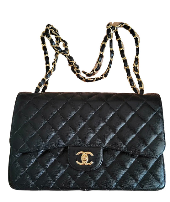 Sold Chanel Classic Flap Jumbo Black Caviar Leather Double Flap with Gold Hardware