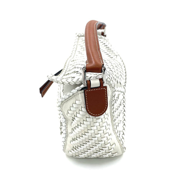 Loewe Puzzle Small Leather Woven Braided White Crossbody Bag
