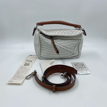 Loewe Puzzle Small Leather Woven Braided White Crossbody Bag
