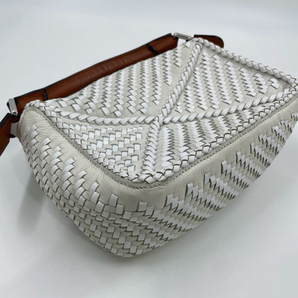 Loewe Puzzle Small Leather Woven Braided White Crossbody Bag