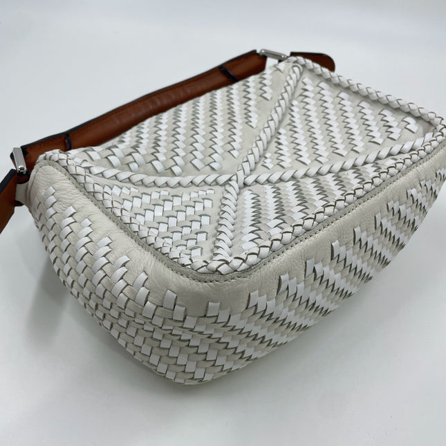 Loewe Puzzle Small Leather Woven Braided White Crossbody Bag