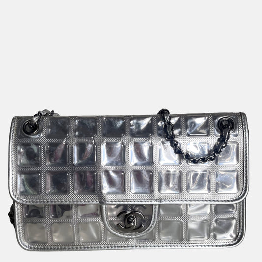 Chanel Ice Cube Chocolate Bar Classic Flap Metallic Silver PVC with Leather-Luxbags