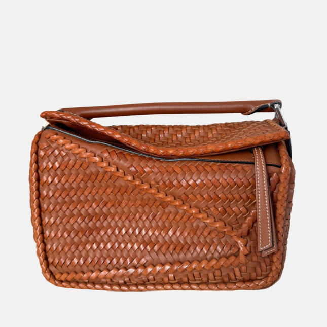 Loewe Puzzle Small Leather Woven Caramel Tan Crossbody Bag-Luxbags
