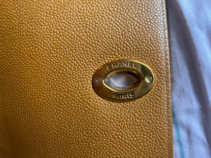 Chanel Classic Flap Vintage Camel Caviar Leather 24k Gold Plated Giant CC Logo