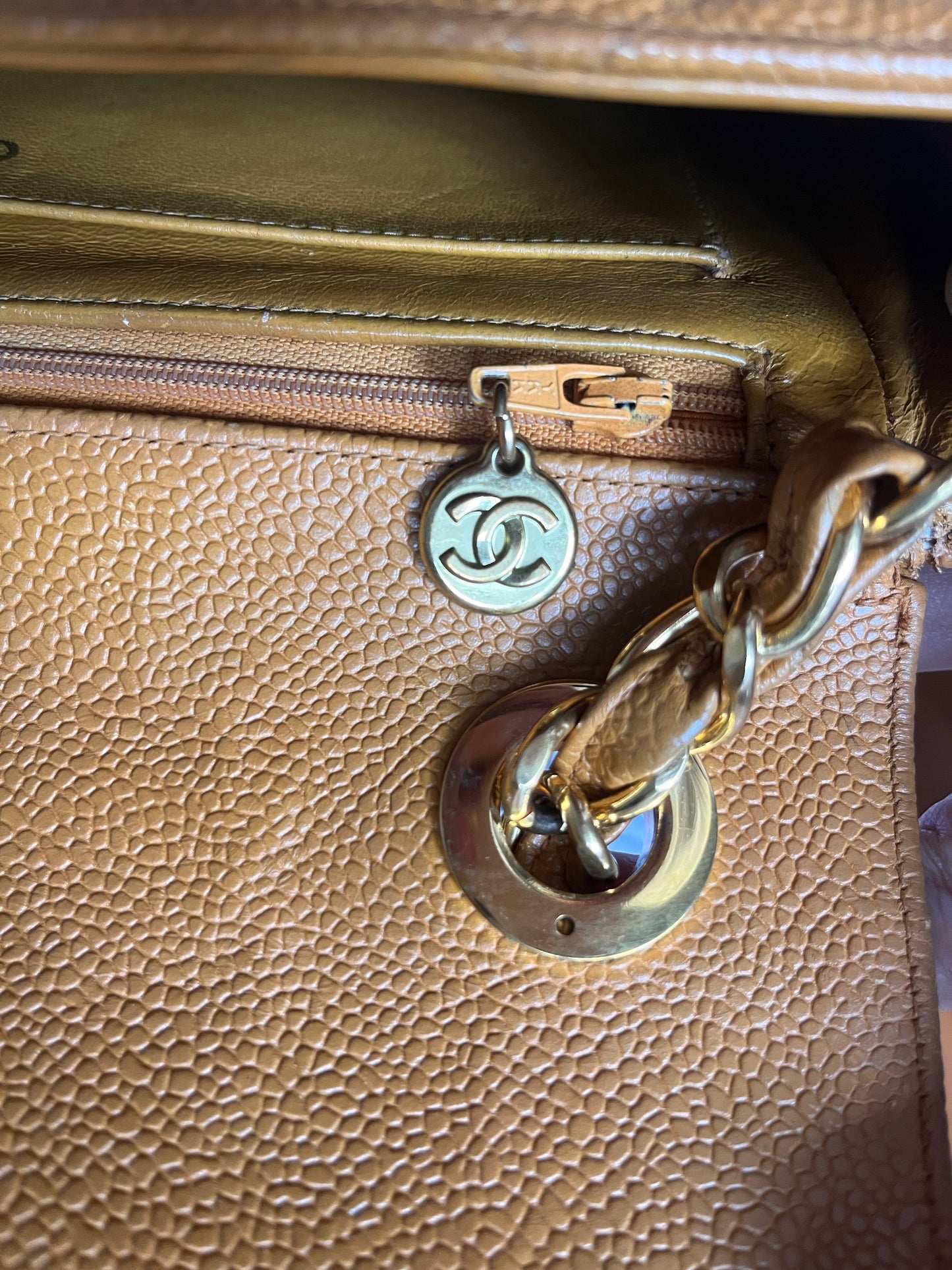 Chanel Classic Flap Vintage Camel Caviar Leather 24k Gold Plated Giant CC Logo