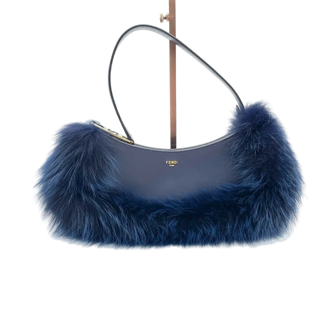 FENDI O Lock Navy Leather and Faux Fur Shoulder Bag