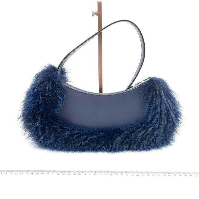 FENDI O Lock Navy Leather and Faux Fur Shoulder Bag