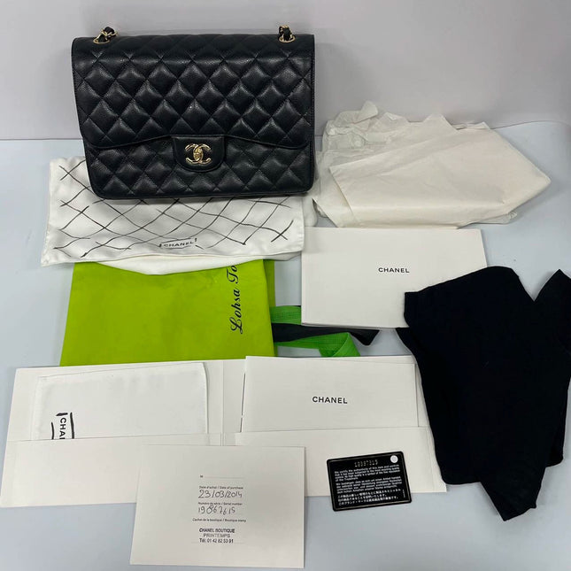 Sold Chanel Classic Flap Jumbo Black Caviar Leather Double Flap with Gold Hardware