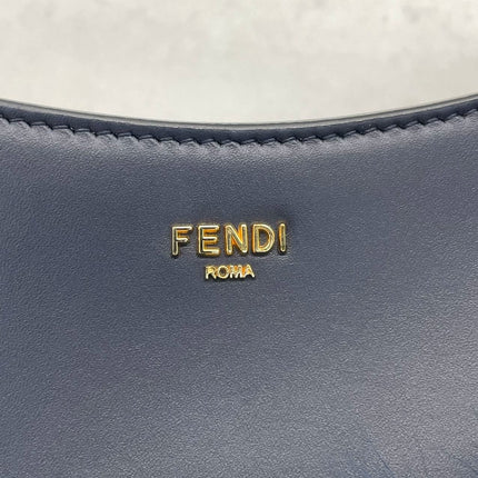 FENDI O Lock Navy Leather and Faux Fur Shoulder Bag