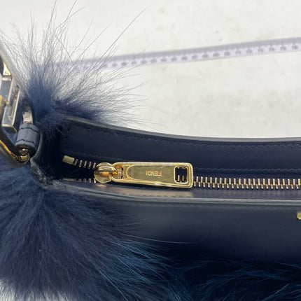FENDI O Lock Navy Leather and Faux Fur Shoulder Bag