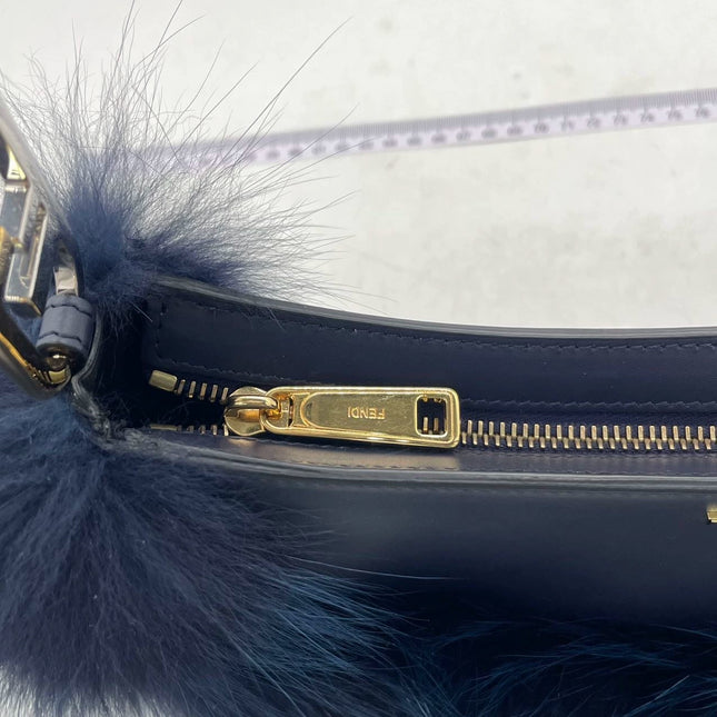 FENDI O Lock Navy Leather and Faux Fur Shoulder Bag