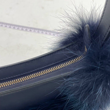 FENDI O Lock Navy Leather and Faux Fur Shoulder Bag