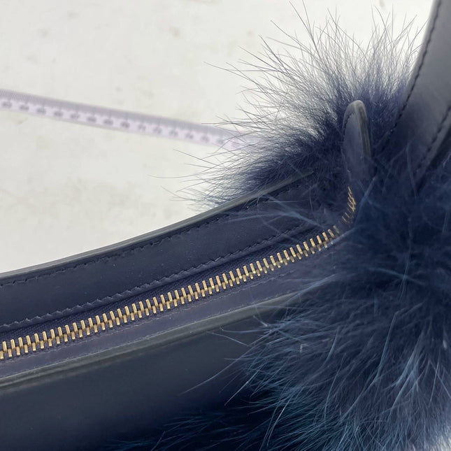 FENDI O Lock Navy Leather and Faux Fur Shoulder Bag