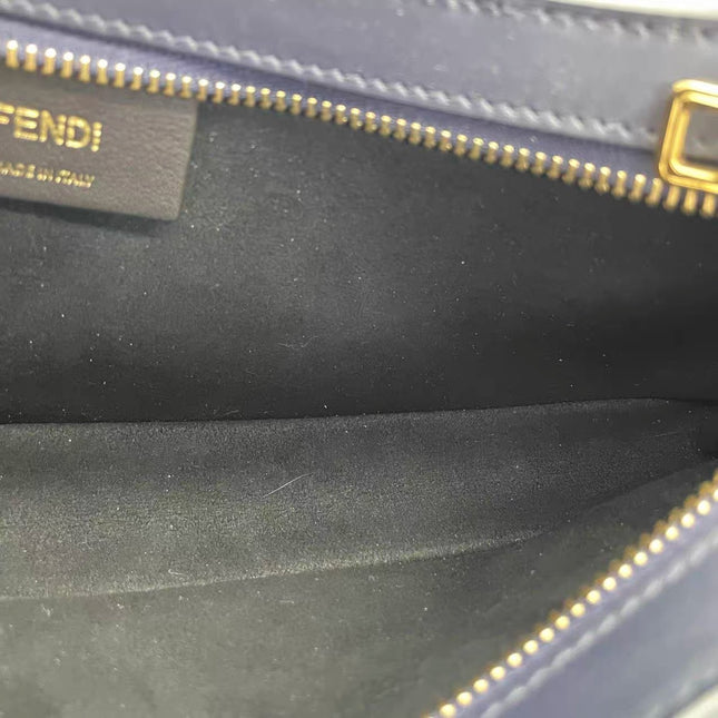 FENDI O Lock Navy Leather and Faux Fur Shoulder Bag
