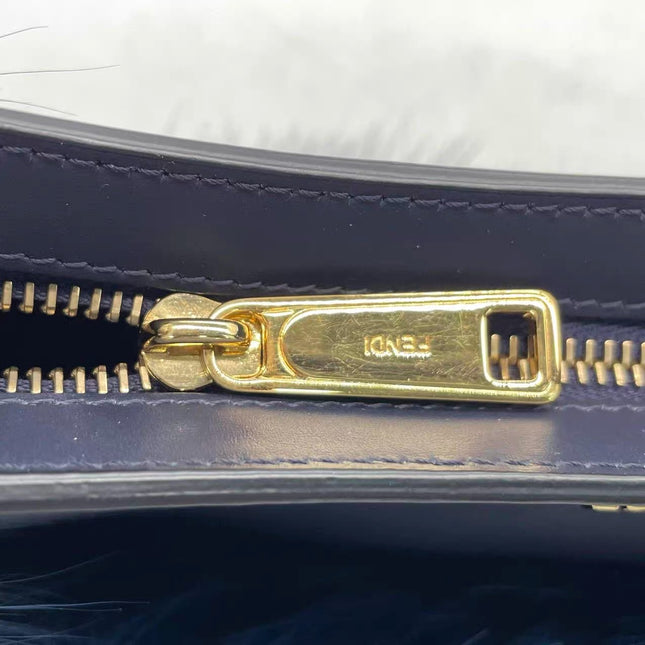 FENDI O Lock Navy Leather and Faux Fur Shoulder Bag