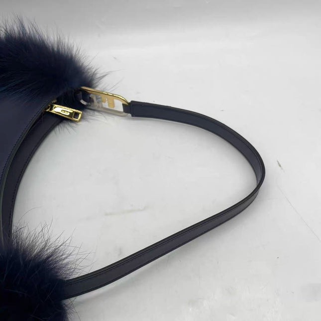 FENDI O Lock Navy Leather and Faux Fur Shoulder Bag