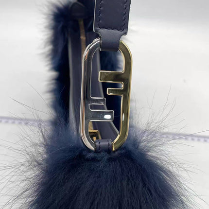 FENDI O Lock Navy Leather and Faux Fur Shoulder Bag