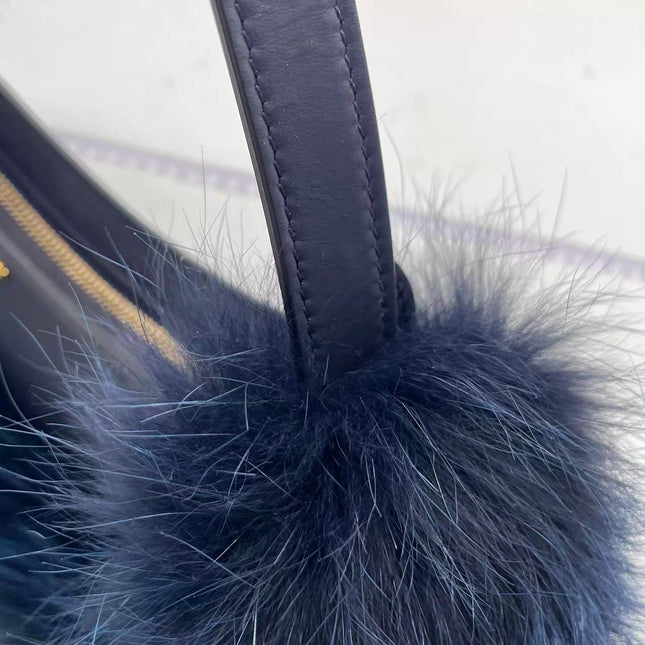 FENDI O Lock Navy Leather and Faux Fur Shoulder Bag