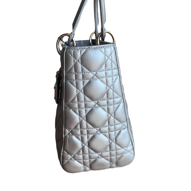 Sold Lady Dior Pearlescent Grey Medium Lambskin Cannage Leather Handbag