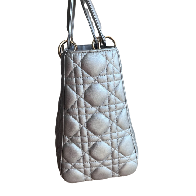 Sold Lady Dior Pearlescent Grey Medium Lambskin Cannage Leather Handbag