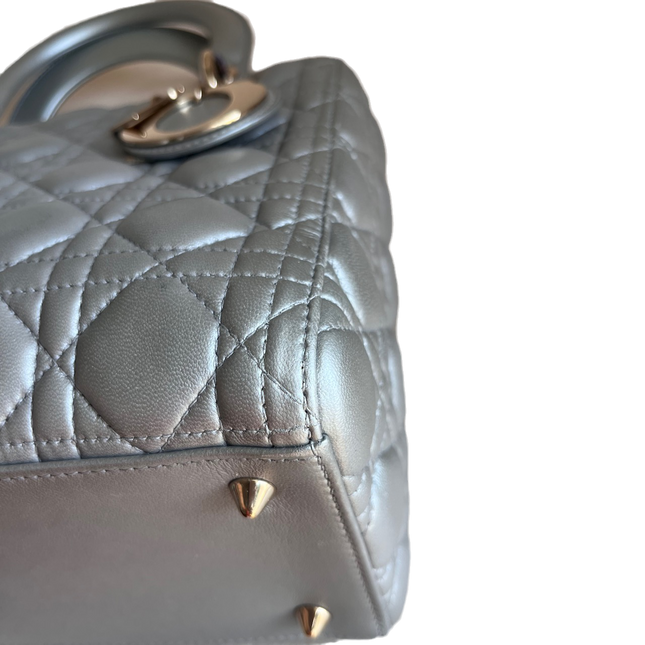 Sold Lady Dior Pearlescent Grey Medium Lambskin Cannage Leather Handbag