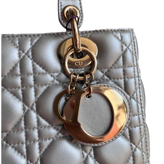 Sold Lady Dior Pearlescent Grey Medium Lambskin Cannage Leather Handbag