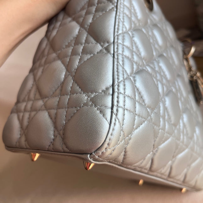 Sold Lady Dior Pearlescent Grey Medium Lambskin Cannage Leather Handbag