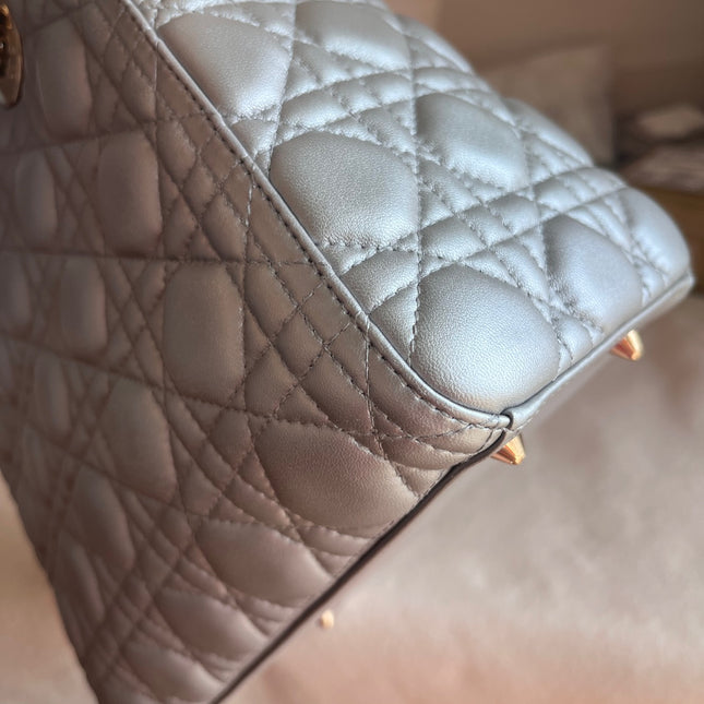 Sold Lady Dior Pearlescent Grey Medium Lambskin Cannage Leather Handbag