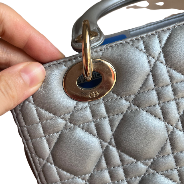 Sold Lady Dior Pearlescent Grey Medium Lambskin Cannage Leather Handbag