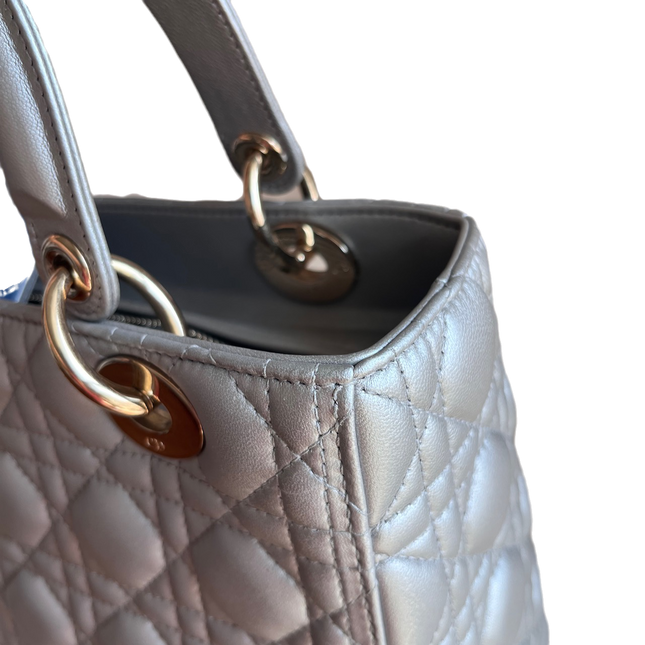 Sold Lady Dior Pearlescent Grey Medium Lambskin Cannage Leather Handbag