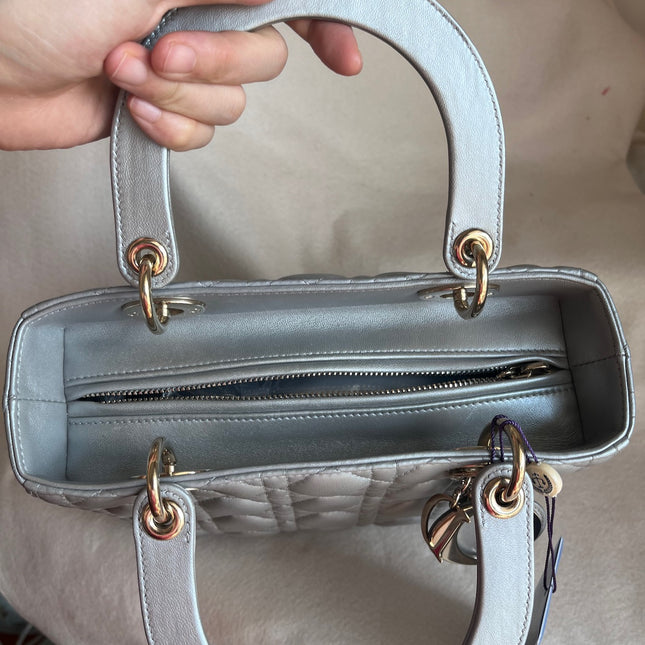 Sold Lady Dior Pearlescent Grey Medium Lambskin Cannage Leather Handbag
