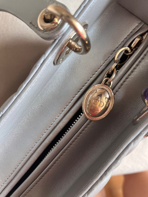 Sold Lady Dior Pearlescent Grey Medium Lambskin Cannage Leather Handbag