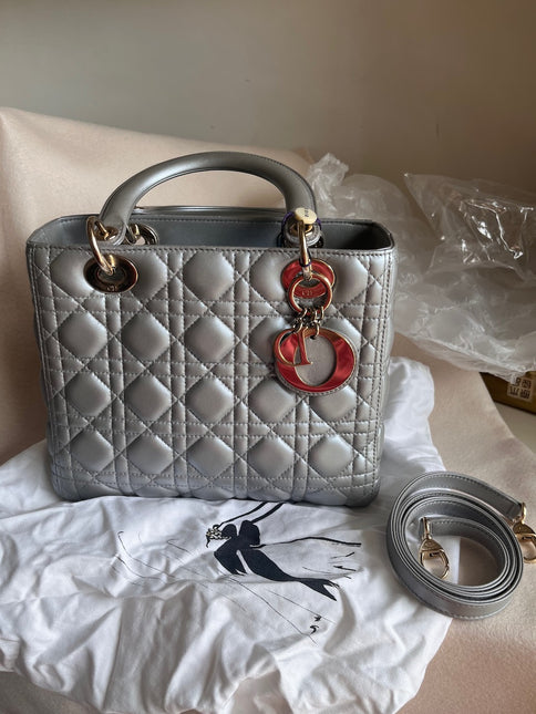Sold Lady Dior Pearlescent Grey Medium Lambskin Cannage Leather Handbag