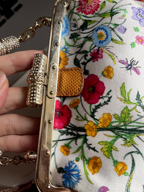 Sold Gucci Floral Silk Satin Purse with Crystal Embellished Bamboo Style Chain Strap