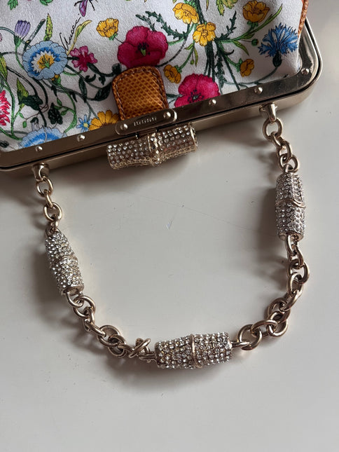Sold Gucci Floral Silk Satin Purse with Crystal Embellished Bamboo Style Chain Strap