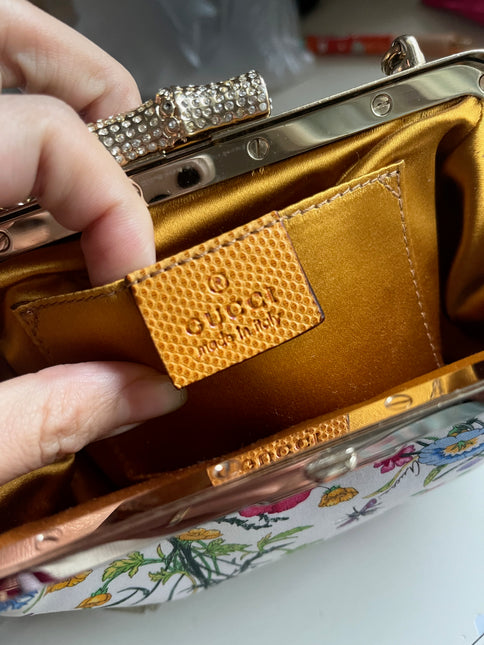 Sold Gucci Floral Silk Satin Purse with Crystal Embellished Bamboo Style Chain Strap