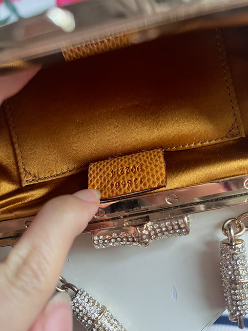 Sold Gucci Floral Silk Satin Purse with Crystal Embellished Bamboo Style Chain Strap