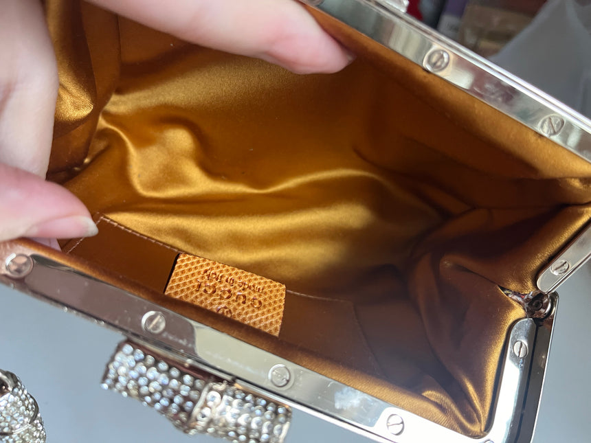 Sold Gucci Floral Silk Satin Purse with Crystal Embellished Bamboo Style Chain Strap