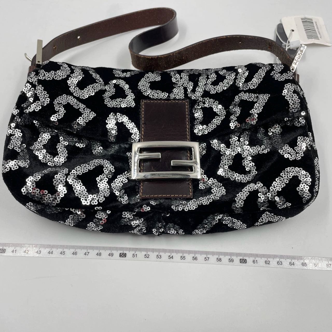 FENDI Baguette White Heart Shaped Sequin Black Shoulder Bag