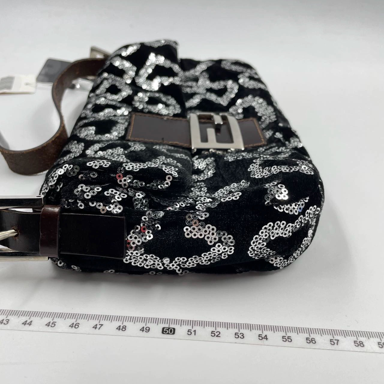 FENDI Baguette White Heart Shaped Sequin Black Shoulder Bag