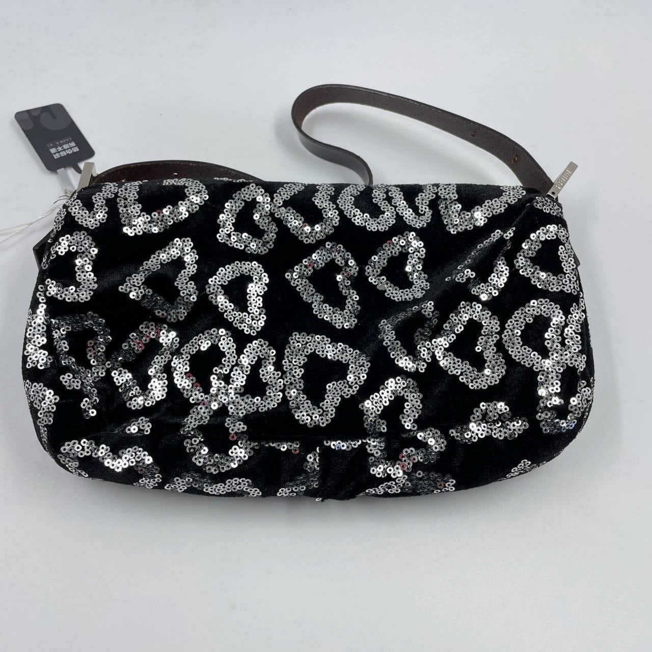 FENDI Baguette White Heart Shaped Sequin Black Shoulder Bag