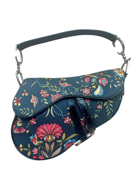 Dior Saddle Black Denim with Floral Embroidery John Galliano Design