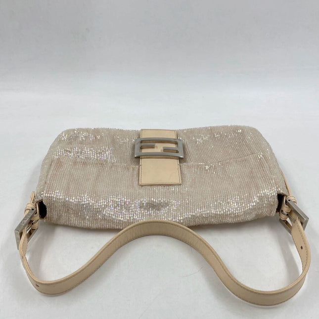 Fendi Baguette Glittering Waterfall Beads Cream Shoulder Bag