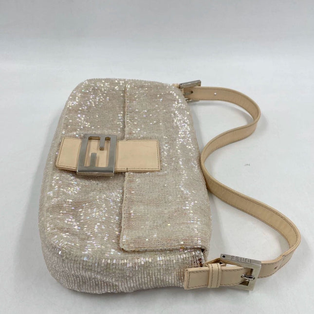 Fendi Baguette Glittering Waterfall Beads Cream Shoulder Bag