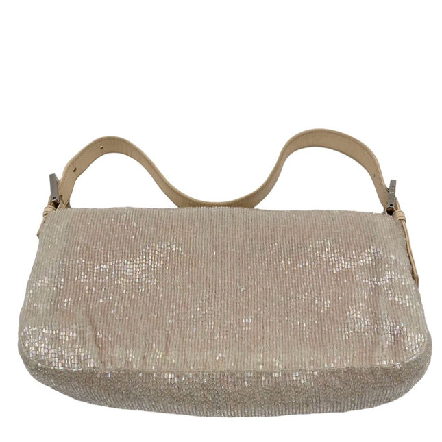 Fendi Baguette Glittering Waterfall Beads Cream Shoulder Bag