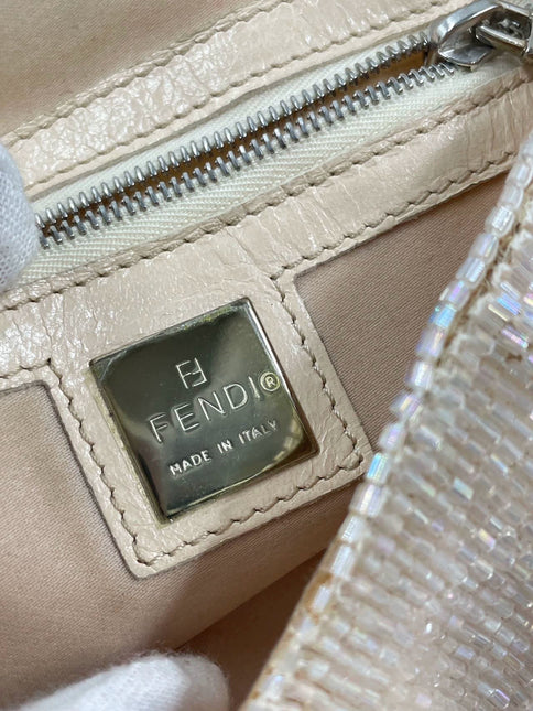 Fendi Baguette Glittering Waterfall Beads Cream Shoulder Bag
