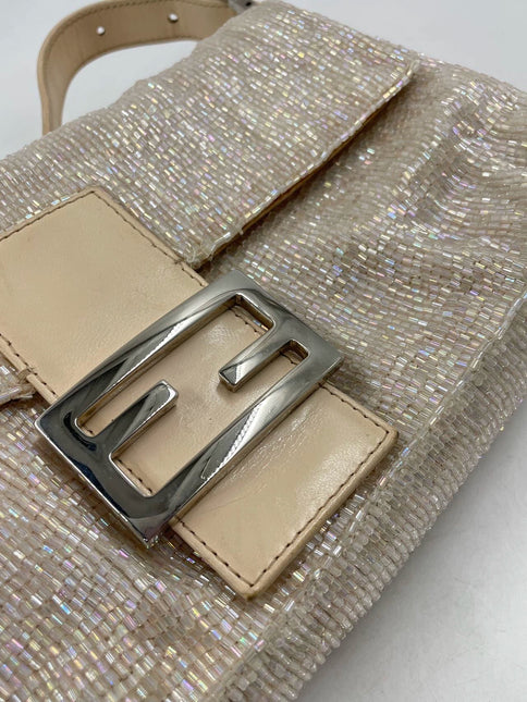 Fendi Baguette Glittering Waterfall Beads Cream Shoulder Bag